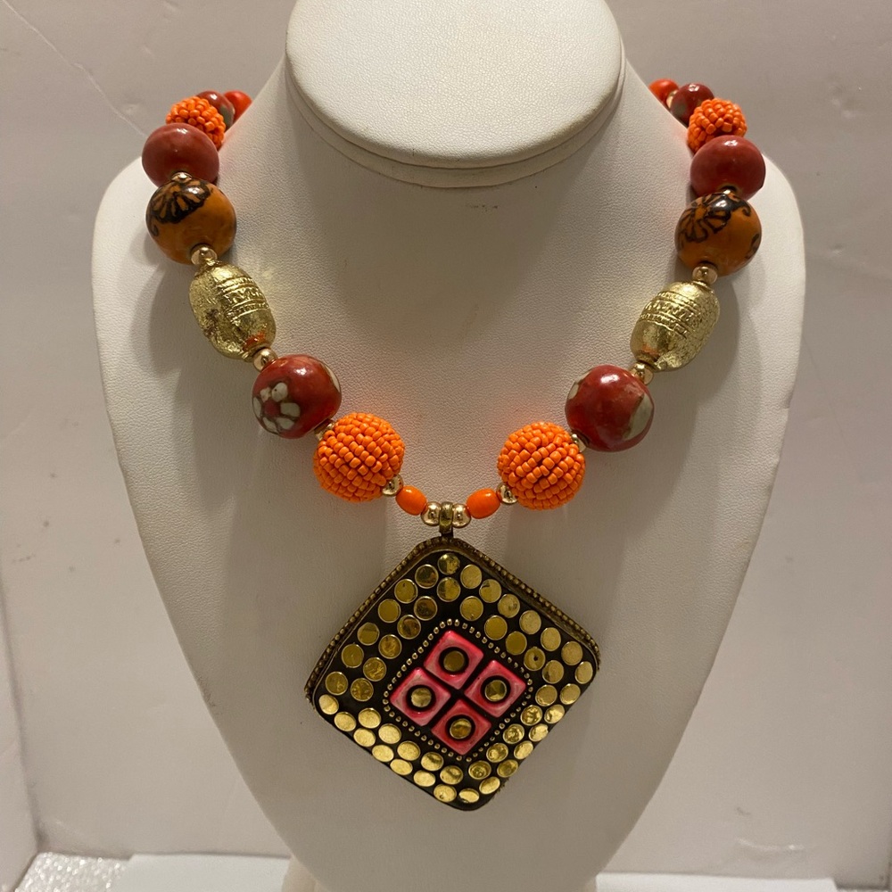 Orange Statement African Necklace - image 2